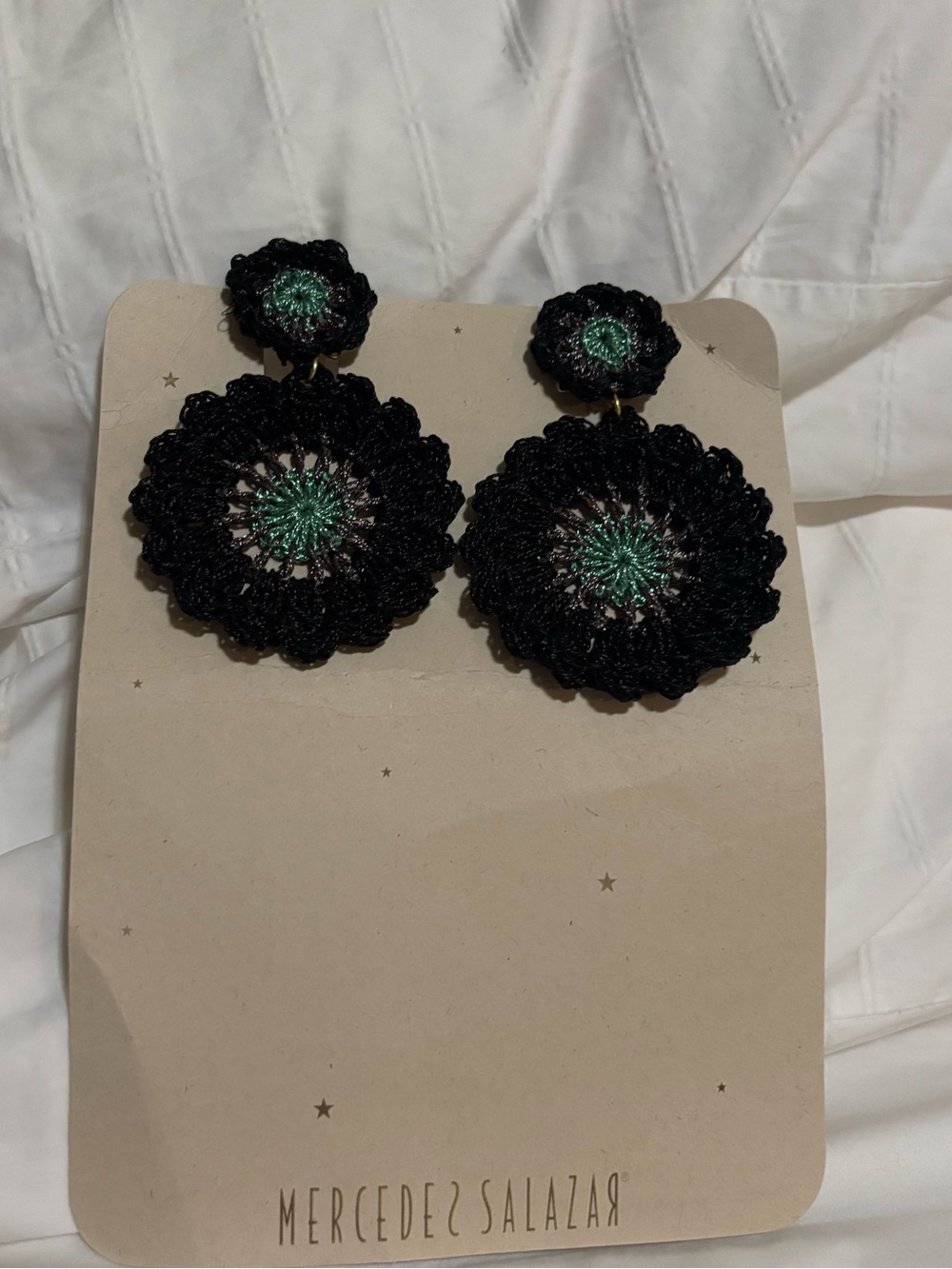Mercedes Salazar Black and Green Crochet Drop Earrings
